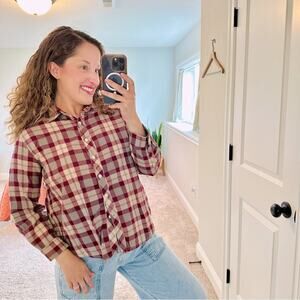 THE GREAT. Maroon Cotton Plaid Long Sleeve Button Front Flannel Top 1 Small